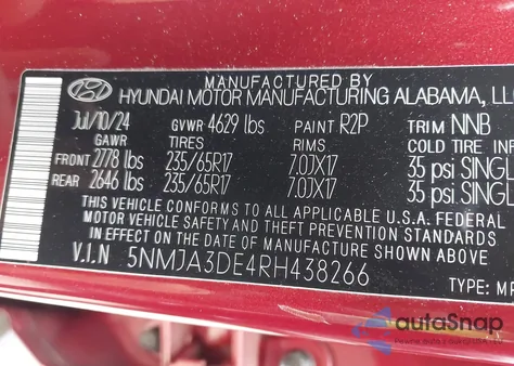 2024 Hyundai Tucson Se from USA, damaged, VIN 5NMJA3DE4RH438266